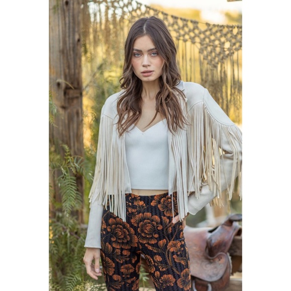 SOLD OUT Ivory Faux Leather Suede Fringe Cropped Western Boho Moto Jacket - Picture 2 of 7